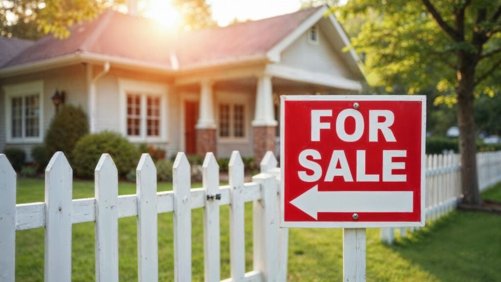 Vastgoedfotografie van een te koop staande woning met wit hekwerk en bord met ‘For Sale’ in de voortuin