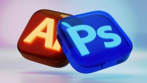 Adobe Illustrator- en Photoshop-logo’s in 3D-stijl, gebruikt voor creatieve presets in beeldbewerking