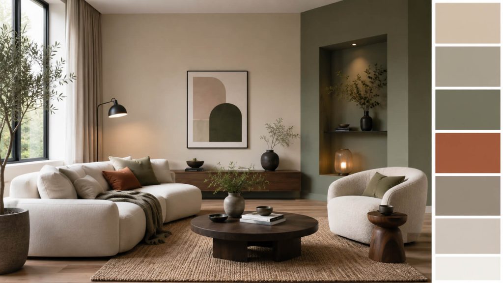 Woonkamer met gebalanceerd kleurenpalet en accenten die kleurbalans interieur en samenhang versterken