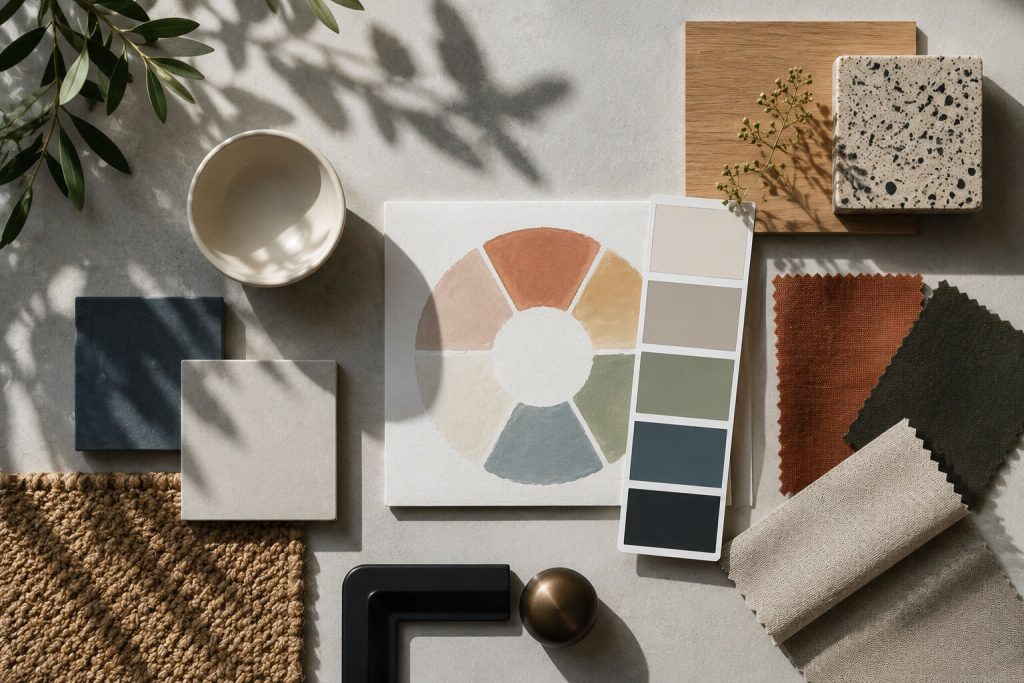 Kleurenpalet met stalen en materialen voor kleurbalans interieur in een rustige, natuurlijke stijl
