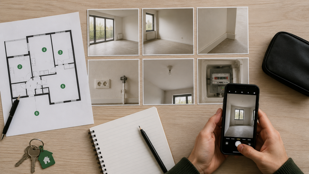 Overzicht van lege woning foto’s met plattegrond en details voor gestructureerd vastleggen
