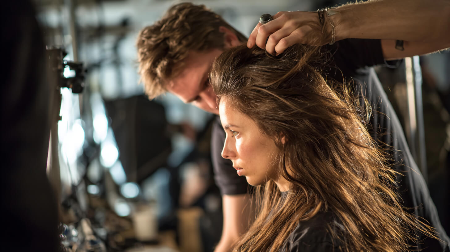 Haarstylist werkt aan kapsel voor een professionele portretfoto onder studiolicht.