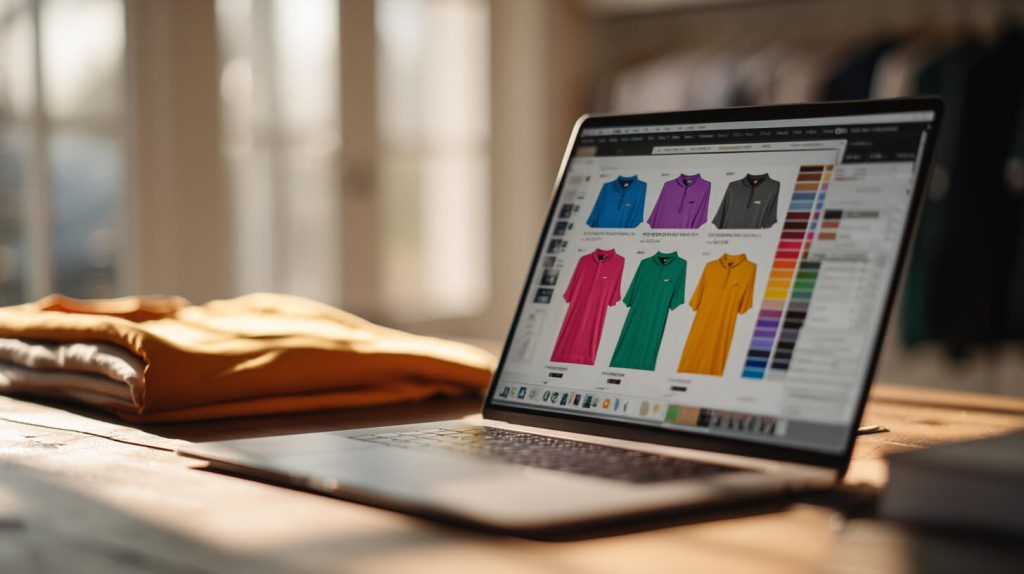 Laptop met een online configurator voor het ontwerpen van sportshirts, omringd door gevouwen kleding op een houten bureau