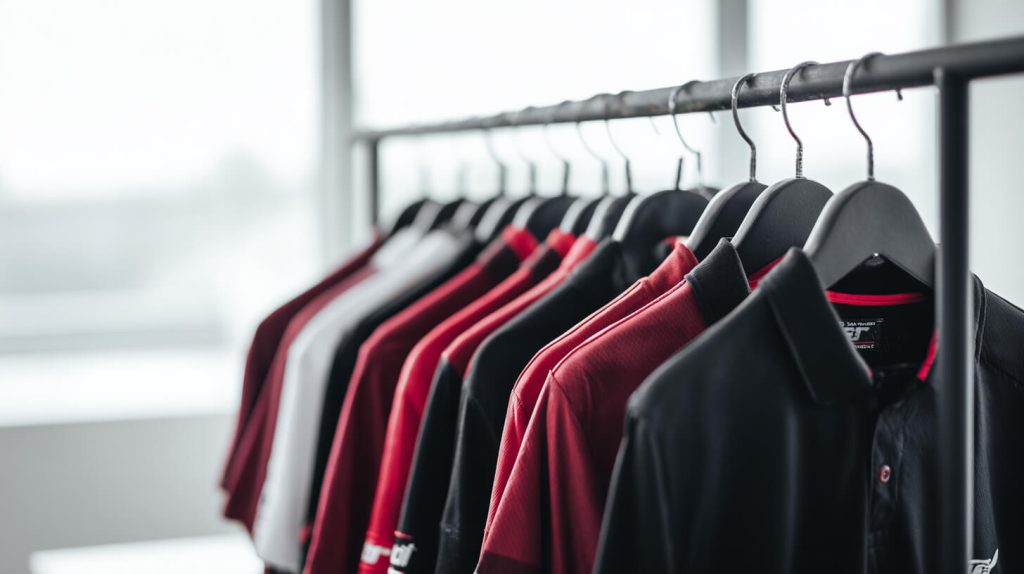 Rij sportshirts in zwart en rood op kledingrekken in een studioruimte, klaar voor een dartcompetitie