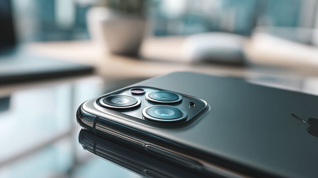 Smartphone met dubbele camera op bureau, waarbij hardware bijdraagt aan smartphonefoto’s kwaliteit.