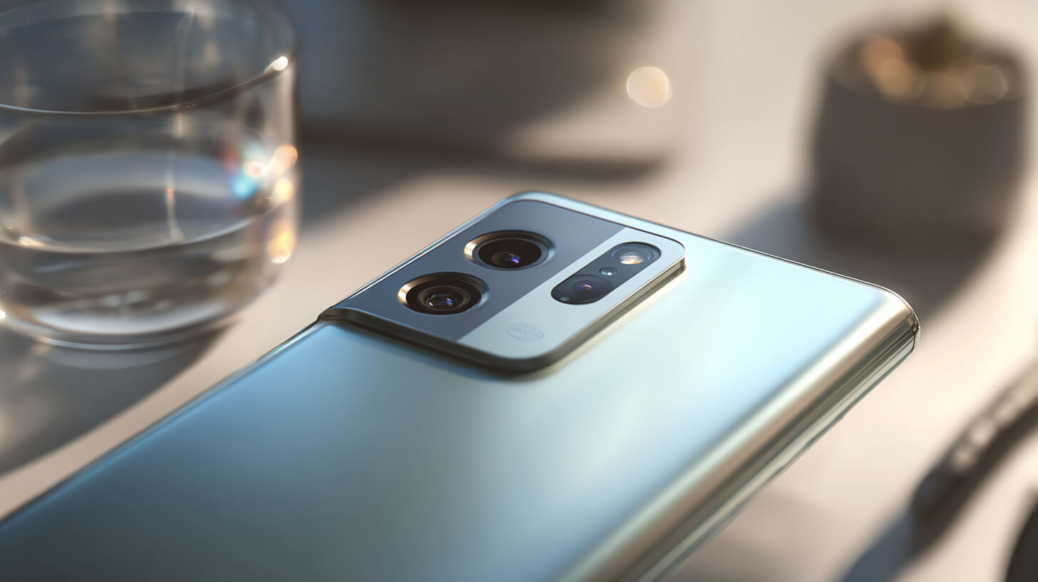Close-up van smartphonecamera op tafel, met focus op lensontwerp en smartphonefoto’s kwaliteit.