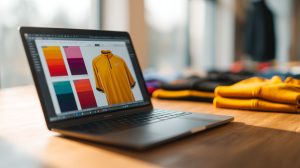 Online ontwerpplatform voor sportkleding op laptopscherm met kleurenswatches, naast gevouwen gele shirts op een bureau
