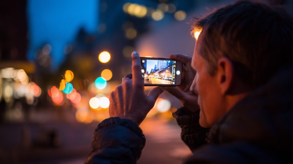 Persoon maakt avondfoto met smartphone in stadsomgeving, wat invloed heeft op smartphonefoto’s kwaliteit.