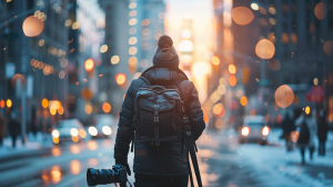Fotograaf loopt met camera, statief en cameratas door een stad tijdens zonsondergang.