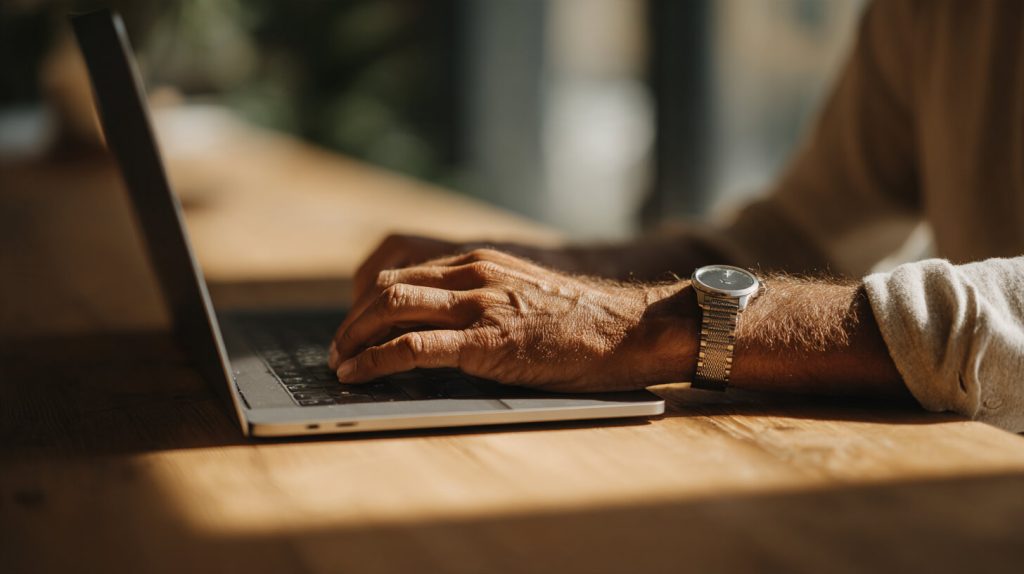 Hand met een horloge om de pols die op de palm rest van een MacBook rust tijdens het typen