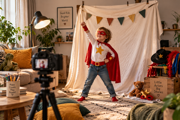 Kleine superheld in de woonkamerstudio