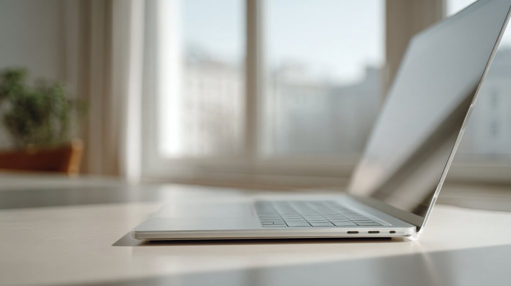 MacBook met open scherm op een bureau bij een raam, zicht op de aluminium rand naast het toetsenbord