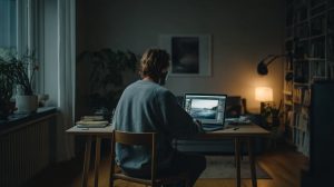 Persoon dat 's avonds achter een MacBook zit te werken aan een foto in een fotobewerkprogramma
