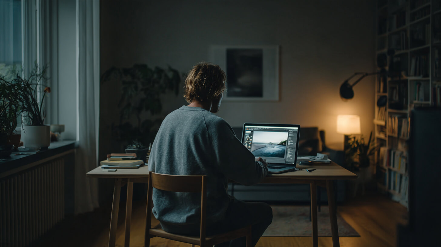 Persoon dat 's avonds achter een MacBook zit te werken aan een foto in een fotobewerkprogramma